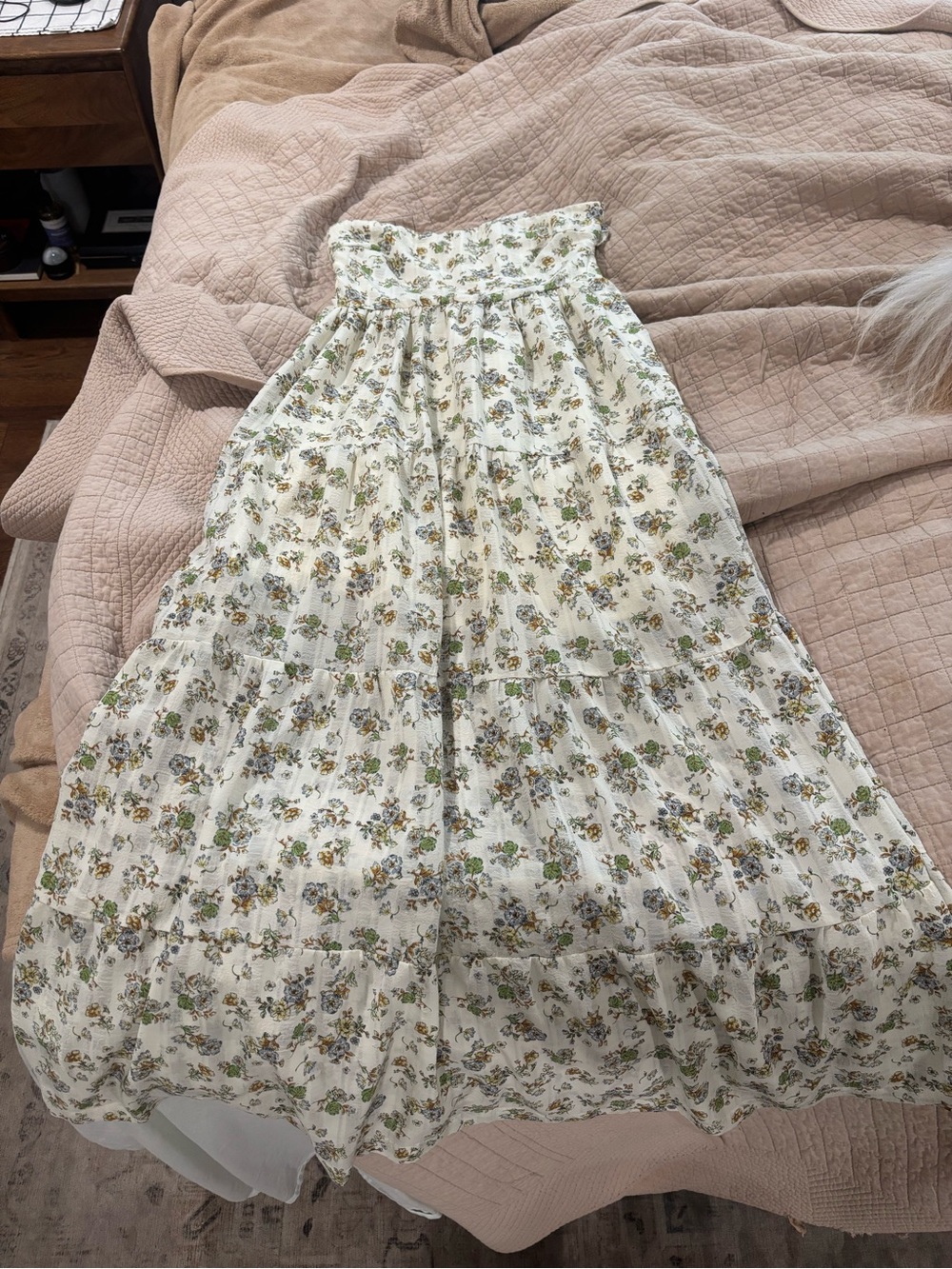 Floral Tiered Maxi Dress - Cream with Green Floral Print